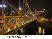 Architectural construction of lighted ancient Chain Bridge through river Danube in the night time in Budapest, Hungary.. Night view to constraction of the Chain Bridge across river Danube in Budapest. Стоковое фото, агентство Ingram Publishing / Фотобанк Лори