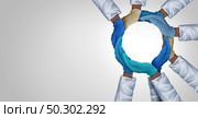 United health system and essential hospital care workers and frontline medical group or medicine teamwork as a group of doctors and nurses joining together unified in a 3D illustration style. Стоковое фото, агентство Ingram Publishing / Фотобанк Лори