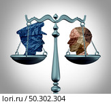 Policing justice and law enforcement as a scale or balance with a community or diverse society symbol representing social safety with 3D illustration elements. Стоковое фото, агентство Ingram Publishing / Фотобанк Лори