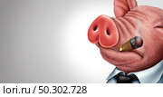 Greed concept and greedy pig symbol as a selfish symbol for selfishness and arrogant wealthy piggish character as a business excess concept in a 3D illustration style. Стоковое фото, агентство Ingram Publishing / Фотобанк Лори