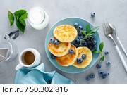 Cottage cheese pancakes, sweet curd fritters with berries, syrniki with honey and fresh blueberry on breakfast table. Стоковое фото, агентство Ingram Publishing / Фотобанк Лори