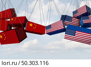 USA China trade war and American tariffs as opposing cargo freight containers in conflict as an economic and diplomatic dispute over import and exports concept as a 3D illustration. Стоковое фото, агентство Ingram Publishing / Фотобанк Лори