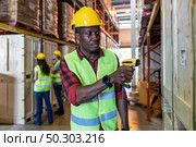 Portrait of african black warehouse worker hold hand scanner to do inventory work stock in distribution warehouse. Traceability FIFO LIFO inventory just in time and warehouse concept photo. Стоковое фото, агентство Ingram Publishing / Фотобанк Лори