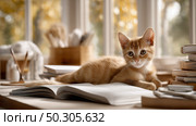 Orange tabby cat relaxing on an open book during a cozy afternoon at home. Оранжевая кошка табби отдыхает с открытой книгой во время уютного домашнего обеда. Стоковое AI-изображение, AI-художник Katsiaryna Repich / Фотобанк Лори