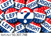 Election choice concept and undecided voting option badge or unaffiliated and independent voter as a United States democratic icon between the right and the left vote as a 3D illustration. Стоковое фото, агентство Ingram Publishing / Фотобанк Лори