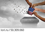 American democracy and US voter suppression in an election and voting rights as a diverse electorate casting a ballot at a United States polling station as a right to vote with 3D illustration elements. Стоковое фото, агентство Ingram Publishing / Фотобанк Лори