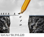 Management failure and broken drawing of a bridge and facing adversity business concept as a group of people falling due to a broken pencil line for failing business strategy with 3D illustration elements. Стоковое фото, агентство Ingram Publishing / Фотобанк Лори