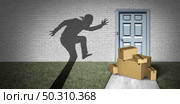Package robbery and home delivery theft or porch pirate thief stealing packages from a house delivered to a front door as a burglar robbing boxes from a doorstep with 3D illustration elements. Стоковое фото, агентство Ingram Publishing / Фотобанк Лори