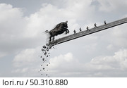 Bull market danger and economic panic concept trending upwards as a precarious financial profit symbol and bullish stock market in collapse as investors running higher from ruin with 3D render elements. Стоковое фото, агентство Ingram Publishing / Фотобанк Лори