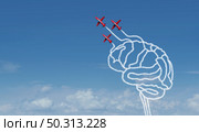 Brave thinking and fearless mind psychology or neurobiology of courage and bravery biology as a brain created by dangerous flying jets as a management of fear with 3D render elements. Стоковое фото, агентство Ingram Publishing / Фотобанк Лори