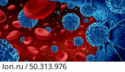Cancer in the blood outbreak and treatment for malignant cells in a human body caused by carcinogens and genetics with a cancerous cell as an immunotherapy and leukemia or lymphoma symbol and medical therapy as a 3D render. Стоковое фото, агентство Ingram Publishing / Фотобанк Лори