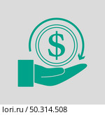 Cash Back Coin To Hand Icon. Green on Gray Background. Vector Illustration. Стоковое фото, агентство Ingram Publishing / Фотобанк Лори