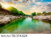 Canyon of the Cijevna river crossing the valley with waterfall. Montenegrin Niagara. Podgorica, Montenegro. Стоковое фото, агентство Ingram Publishing / Фотобанк Лори