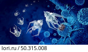 Nanotechnology medical treatment and future medicine concept as a group of microscopic nano robots or nanobots programed to kill cancer cells or human disease as a futuristic health care cure symbol as a 3D render. Стоковое фото, агентство Ingram Publishing / Фотобанк Лори