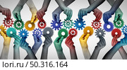 Team collaboration concept and connecting unity or teamwork idea as a business metaphor for joining a partnership as diverse people connected together as a work symbol for employee cooperation with 3D illustration elements. Стоковое фото, агентство Ingram Publishing / Фотобанк Лори