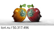 Destructive ideas concept as contagious thinking causing harm or spreading hate as two decaying apples with mold shaped as human heads with 3D illustration elements. Стоковое фото, агентство Ingram Publishing / Фотобанк Лори