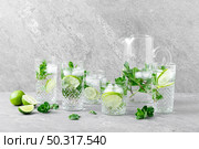 Mint and lime refreshing mojito cocktail with ice, refreshment citrus drink. Стоковое фото, агентство Ingram Publishing / Фотобанк Лори