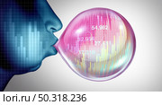 Economic bubble burst and stock market speculation concept or overvalued economy as a financial crisis and inflated prices as a finance risk to investors and speculative valuation ready to pop with 3D render elements. Стоковое фото, агентство Ingram Publishing / Фотобанк Лори