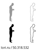 Man holding smartphone phone Playing tablet Male using communication tool Idea looking phone addiction Concept dependency from modern technologies silhouette grey black color vector illustration solid outline style simple image. Man holding smartphone phone Playing tablet Male using communication tool Idea looking phone addiction Concept dependency from modern technologies silhouette grey black color vector illustration solid outline style image. Стоковая иллюстрация, агентство Ingram Publishing / Фотобанк Лори