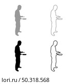 Man holds frying pan spoon Chef holding kitchen utensil Professional using Kitchen staff concept Domestic prepair food silhouette grey black color vector illustration solid outline style simple image. Man holds frying pan spoon Chef holding kitchen utensil Professional using Kitchen staff concept Domestic prepair food silhouette grey black color vector illustration solid outline style image. Стоковая иллюстрация, агентство Ingram Publishing / Фотобанк Лори