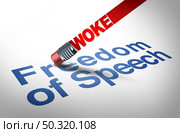 Woke and restrictions on freedom of speech as cancel culture and cultural cancellation or social media censorship as canceling or restricting opinions that are offensive or controversial to the public with 3D illustration elements. Стоковое фото, агентство Ingram Publishing / Фотобанк Лори