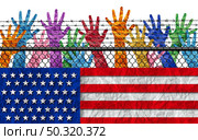 US immigration and American immigrants or United States refugee crisis at the border with people trying to immigrate to be American citizens as a social issue about refugees or illegal immigrants with 3D illustration elements. Стоковое фото, агентство Ingram Publishing / Фотобанк Лори