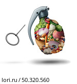 Flatulence and food as onions and beans causing gastritis as explosive flatulent gas as a grenade made of ingredients responsible for farting and exploding fart stink bomb symbol with 3D illustration elements. Стоковое фото, агентство Ingram Publishing / Фотобанк Лори