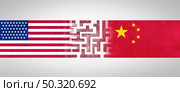China US challenge and USA or United States trade and American tariffs conflict with two opposing trading partners as an economic import and exports dispute concept in a 3D illustration style. Стоковое фото, агентство Ingram Publishing / Фотобанк Лори