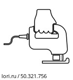Electric fretsaw Tool Hand jig saw in use Arm contour outline icon black color vector illustration flat style simple image. Electric fretsaw Tool Hand jig saw in use Arm contour outline icon black color vector illustration flat style image. Стоковая иллюстрация, агентство Ingram Publishing / Фотобанк Лори