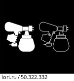 Spray gun holding in hand Sprayer using Arm use tool atomizer pulverizer icon white color vector illustration flat style simple image set. Spray gun holding in hand Sprayer using Arm use tool atomizer pulverizer icon white color vector illustration flat style image set. Стоковая иллюстрация, агентство Ingram Publishing / Фотобанк Лори