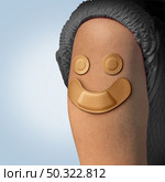 Vaccination success or influenza vaccine immunization for covid prevention treatment as adhesive bandages shaped as a smiling face representing  injection of a medicine dose to prevent disease in a 3D illustration style. Стоковое фото, агентство Ingram Publishing / Фотобанк Лори