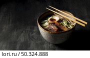 high angle delicious ramen bowl. Стоковое фото, агентство Ingram Publishing / Фотобанк Лори