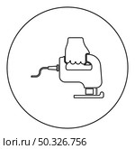 Electric fretsaw Tool Hand jig saw in use Arm icon in circle round black color vector illustration solid outline style simple image. Electric fretsaw Tool Hand jig saw in use Arm icon in circle round black color vector illustration solid outline style image. Стоковая иллюстрация, агентство Ingram Publishing / Фотобанк Лори