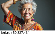 A woman with gray hair, dressed in vibrant, patterned clothing, standing confidently with her arm raised, scratches and ruffles her hair, soft lighting studio background. Стоковое AI-видео, аниматор Sergey Grishin / Фотобанк Лори