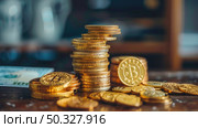 A neat stack of shiny gold coins placed on top of a wooden table. Стоковое AI-изображение, AI-художник Данила Большаков / Фотобанк Лори