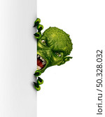 Zombie or space alien lurking behind a vertical blank white sign as an angry creepy green monster hiding and peeping behind a billboard as a spooky halloween message concept in a 3D illustration style. Стоковое фото, агентство Ingram Publishing / Фотобанк Лори