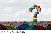 Supply chain question and cargo piles up and piling shipping containers question concept as sea freight and goods distribution idea with container boxes as an international trade logistics problem symbol as a 3D illustration. Стоковое фото, агентство Ingram Publishing / Фотобанк Лори