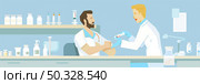 A healthcare worker is administering a vaccine to a seated male patient in a clinical environment with medical supplies in the background. Стоковое AI-изображение, AI-художник Данила Большаков / Фотобанк Лори