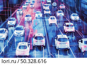 An artistic rendering highlights a bustling city street filled with cars during the evening rush, showcasing the dynamic flow of urban life. Стоковое AI-изображение, AI-художник Данила Большаков / Фотобанк Лори