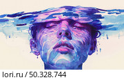 A vivid watercolor painting captures a surreal moment with a face blending into a fluid water surface. Стоковое AI-изображение, AI-художник Данила Большаков / Фотобанк Лори