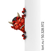 Demon lurking behind a vertical blank white sign as an angry red creepy devil hiding and peeping behind a billboard as a spooky halloween message concept in a 3D illustration style. Стоковое фото, агентство Ingram Publishing / Фотобанк Лори