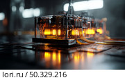 Advanced Technology Visualization: processor microchip starting artificial intelligence digitalization of neural networking and Cloud Computing. Digital lines move data, quantum computer interior, glowing qubits, hyper-detailed futuristic tech. Стоковое AI-изображение, AI-художник ALLA YURTAYEVA / Фотобанк Лори