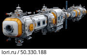Zero-gravity space lab with robotic experiment modules. Cargo spaceship on orbit of planet Earth. Exploration of space. Стоковое AI-изображение, AI-художник ALLA YURTAYEVA / Фотобанк Лори