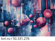 A vivid composition blending spheres and geometric shapes amidst shades of blue and pink, evoking a sense of otherworldly dimensions. Стоковое AI-изображение, AI-художник Данила Большаков / Фотобанк Лори
