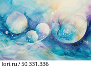 A painting depicting bubbles floating in the air against a soft background, showcasing their lightweight and ephemeral nature. Стоковое AI-изображение, AI-художник Данила Большаков / Фотобанк Лори