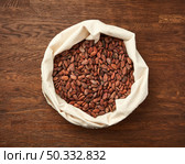 Top view of textile white bag filled with raw unpeeled cocoa beans placed on rustic wooden surface. Sack of organic unpeeled cocoa beans. Стоковое фото, агентство Ingram Publishing / Фотобанк Лори