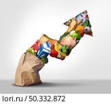 Rising grocery prices and surging cost of supermarket groceries as an inflation financial crisis concept and the rise of food costs as milk meat and eggs coming out of a paper bag shaped as an arrow with 3D render elements. Стоковое фото, агентство Ingram Publishing / Фотобанк Лори