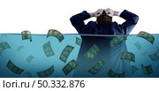 Drowning in financial loss and debt and keeping your financial head above water with a businessman sinking in water as a symbol of urgent business and money management failure or defecit with 3D illustration elements. Стоковое фото, агентство Ingram Publishing / Фотобанк Лори