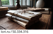 Handcrafted recycled paper journals on a vintage wooden table, with a cozy natural light coming through a window. Стоковое AI-изображение, AI-художник ALLA YURTAYEVA / Фотобанк Лори