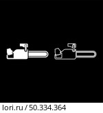 Chainsaw in hand lumberjack woodcutter icon white color vector illustration flat style simple image set. Chainsaw in hand lumberjack woodcutter icon white color vector illustration flat style image set. Стоковая иллюстрация, агентство Ingram Publishing / Фотобанк Лори